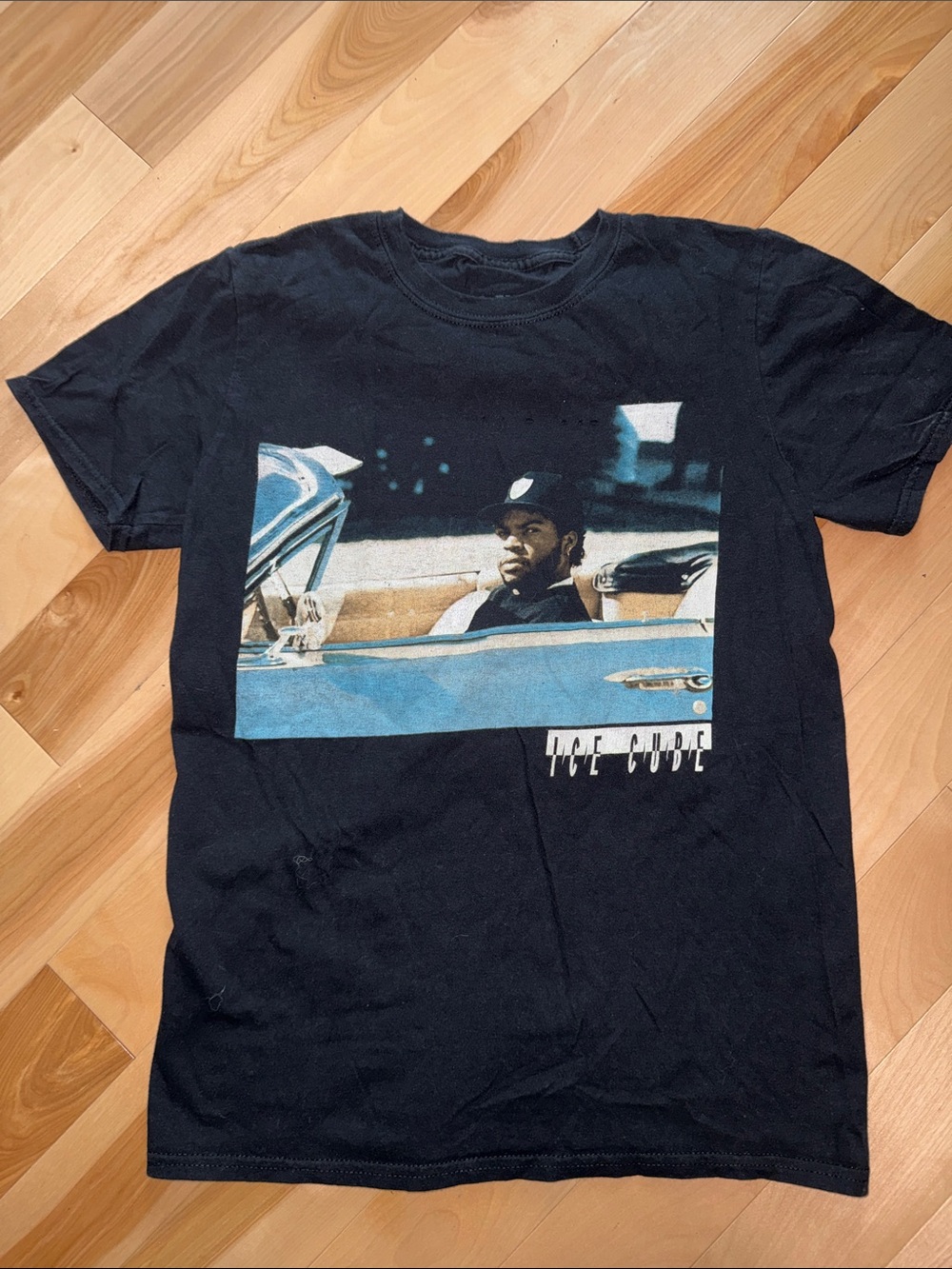 Black Graphic Crewneck ICE CUBE T-Shirt with Blue Photo Print S